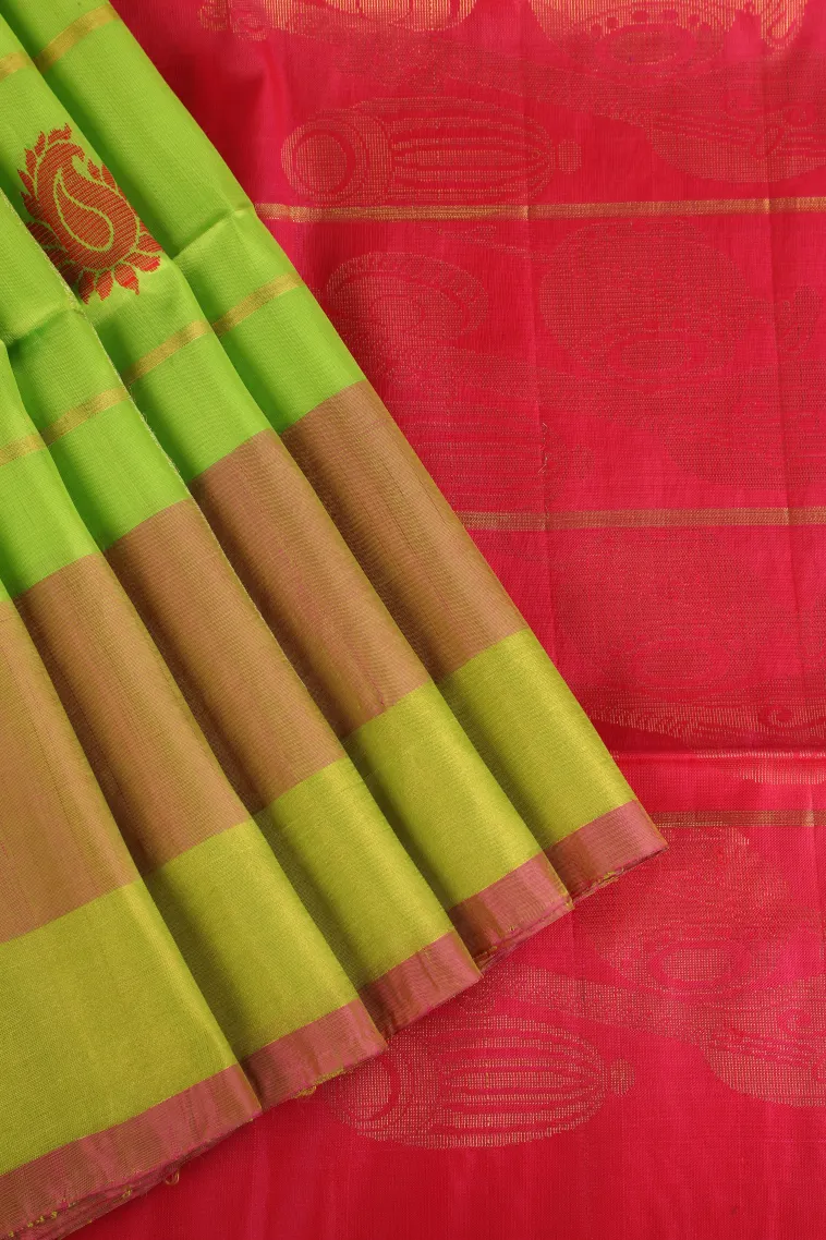 Chartreuse Green Soft Silk Saree with Gold Zari Checks And Puttas view 1