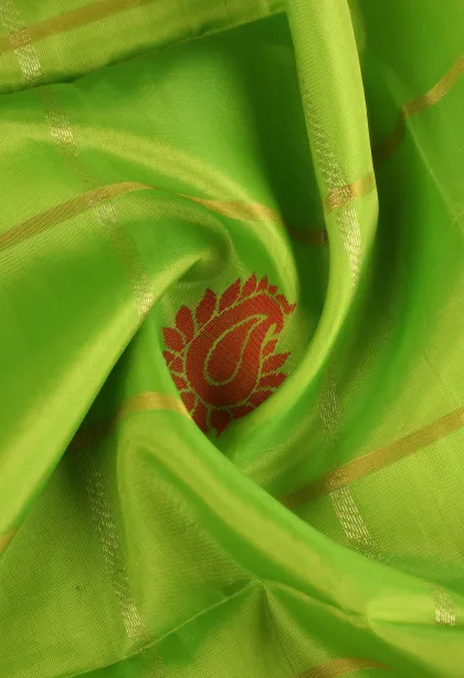 Chartreuse Green Soft Silk Saree with Gold Zari Checks And Puttas