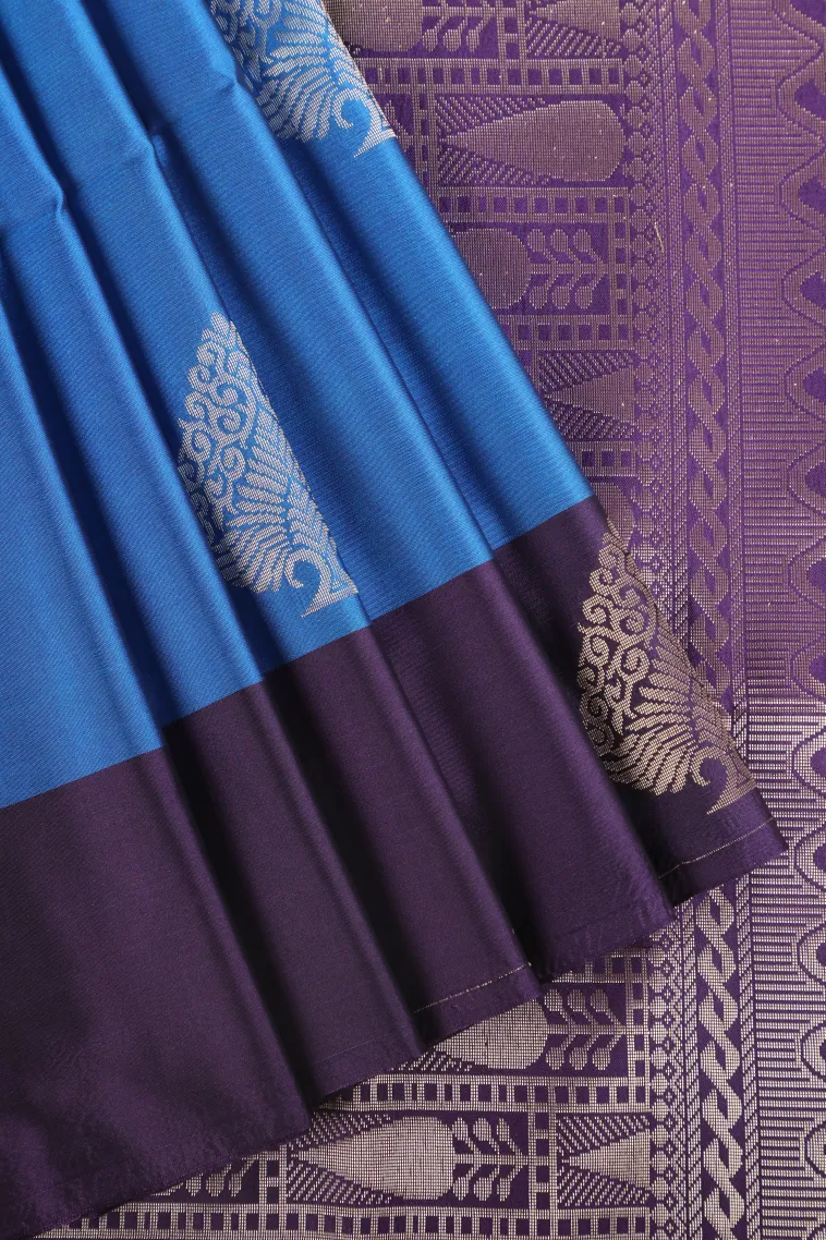 Cerulean Blue Soft Silk Saree with Gold Zari Tree Mottif view 1