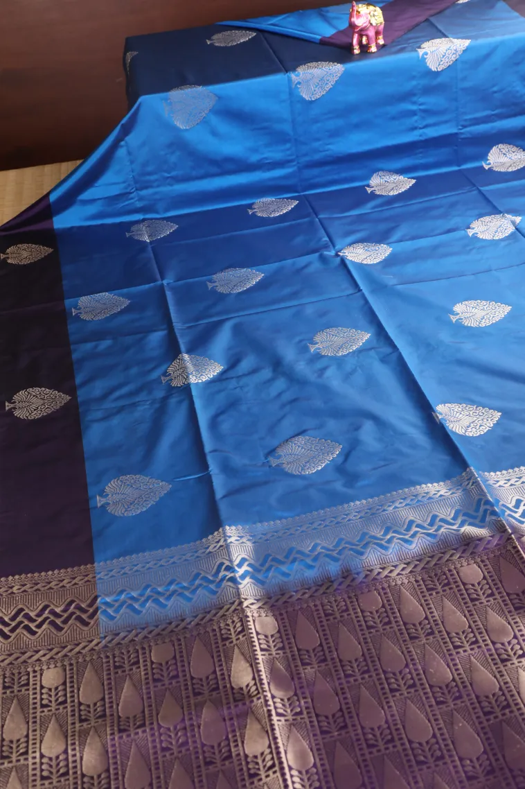 Cerulean Blue Soft Silk Saree with Gold Zari Tree Mottif view 2