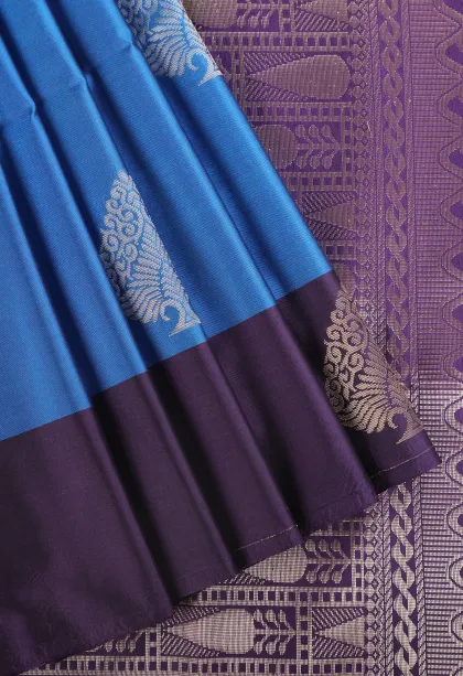 Cerulean Blue Soft Silk Saree with Gold Zari Tree Mottif