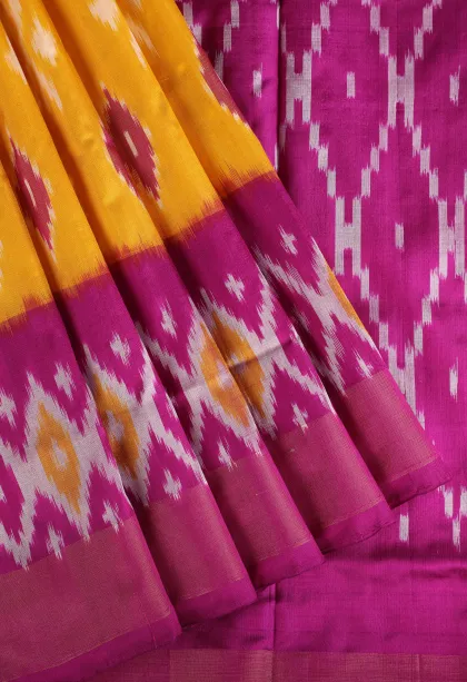 Lemon Yellow Ikkat Silk Without Zari With Geometric Shapes