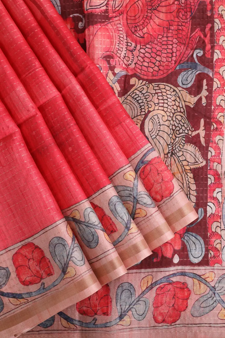 Punch Pink Semi Tussar Silk with Gold Zari Birds And Floral Pattern