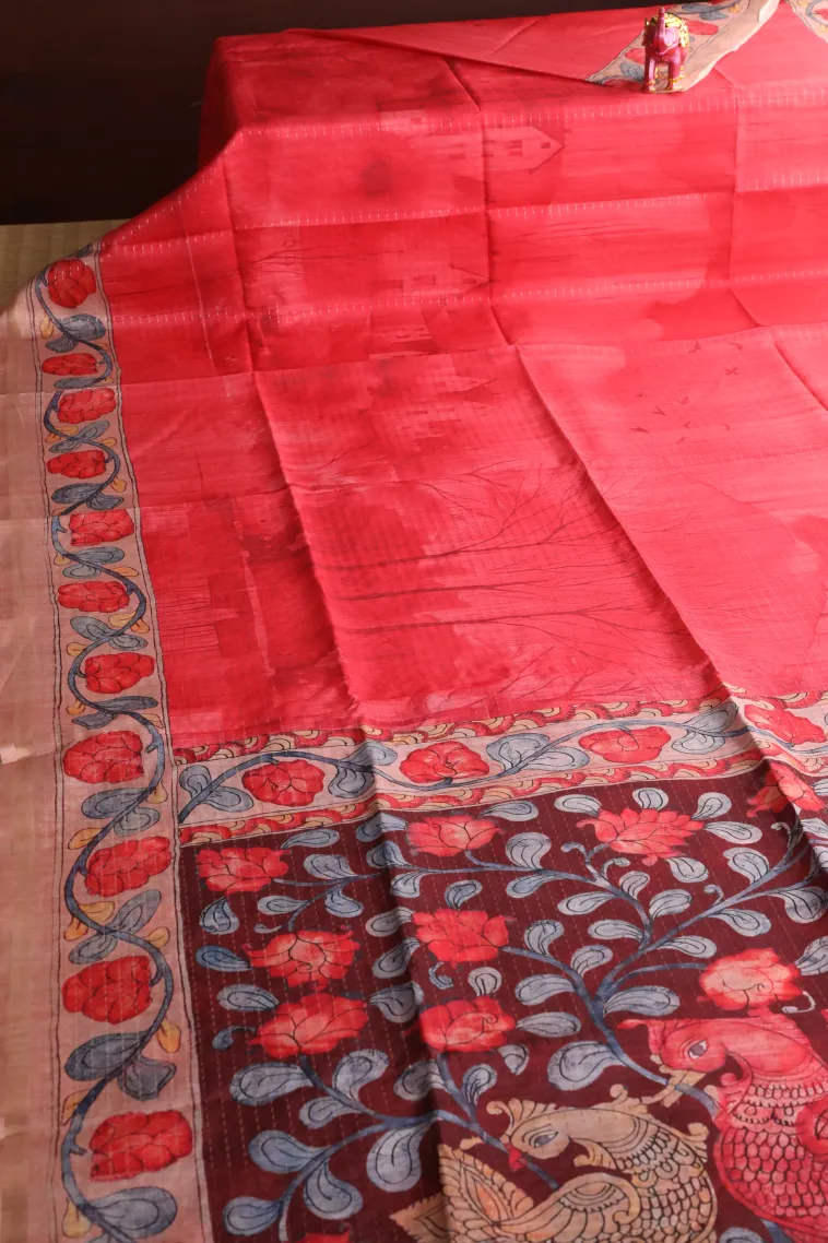 Punch Pink Semi Tussar Silk with Gold Zari Birds And Floral Pattern view 2