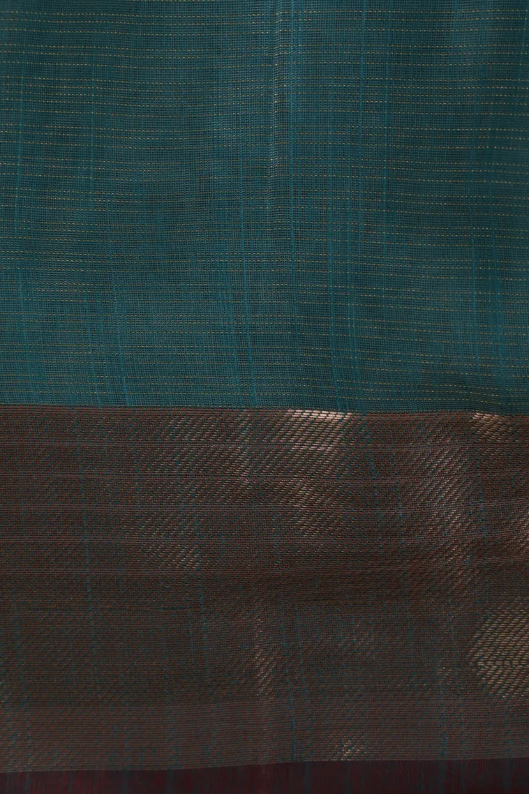 Ocean Blue Linen Saree with Gold Zari Floral Patterns view 3