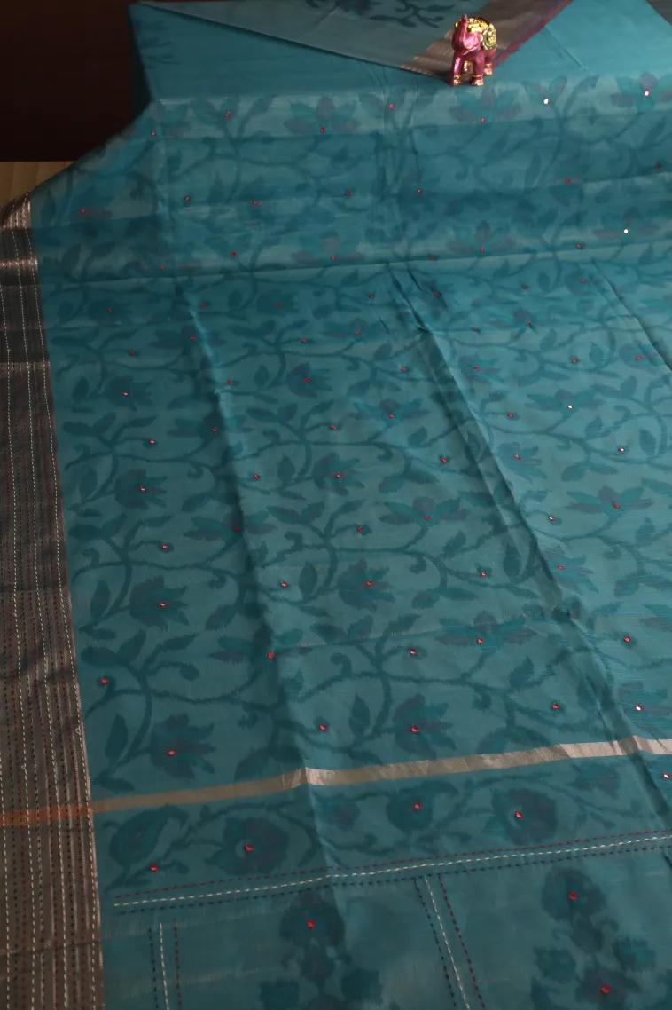 Ocean Blue Linen Saree with Gold Zari Floral Patterns view 2