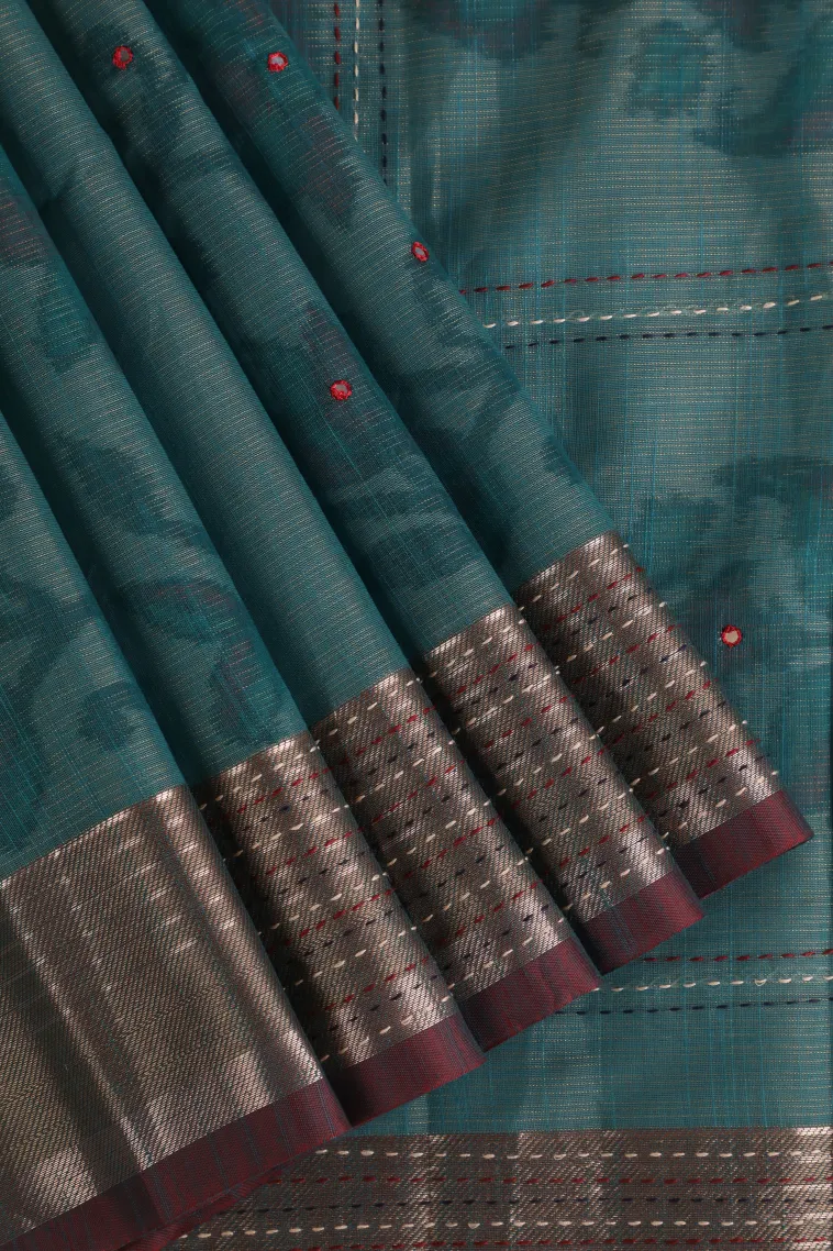 Ocean Blue Linen Saree with Gold Zari Floral Patterns view 1