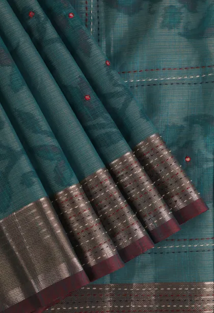 Ocean Blue Linen Saree with Gold Zari Floral Patterns