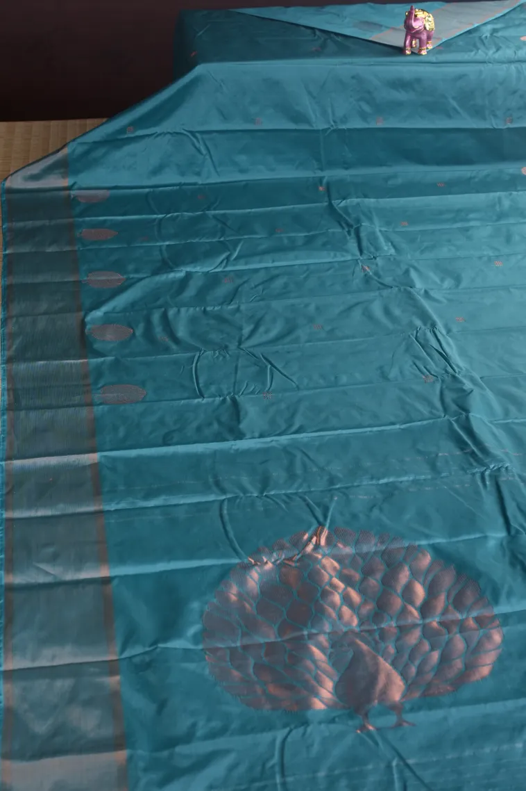 Sky Blue Arani Silk Sarees with Copper Zari Peacock Motifs view 2