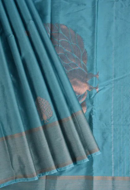 Sky Blue Arani Silk Sarees with Copper Zari Peacock Motifs