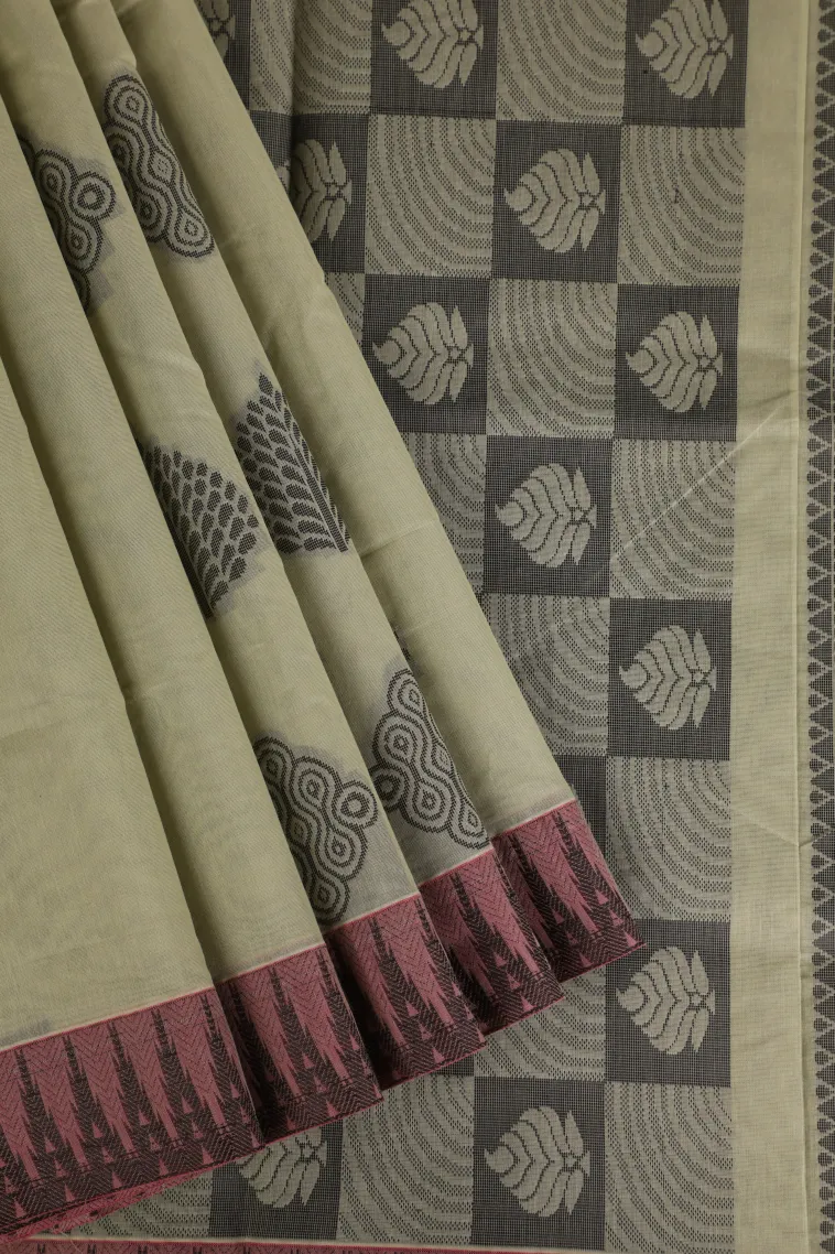 Pistachio Green Silk Cotton Without Zari With Tree Mottif