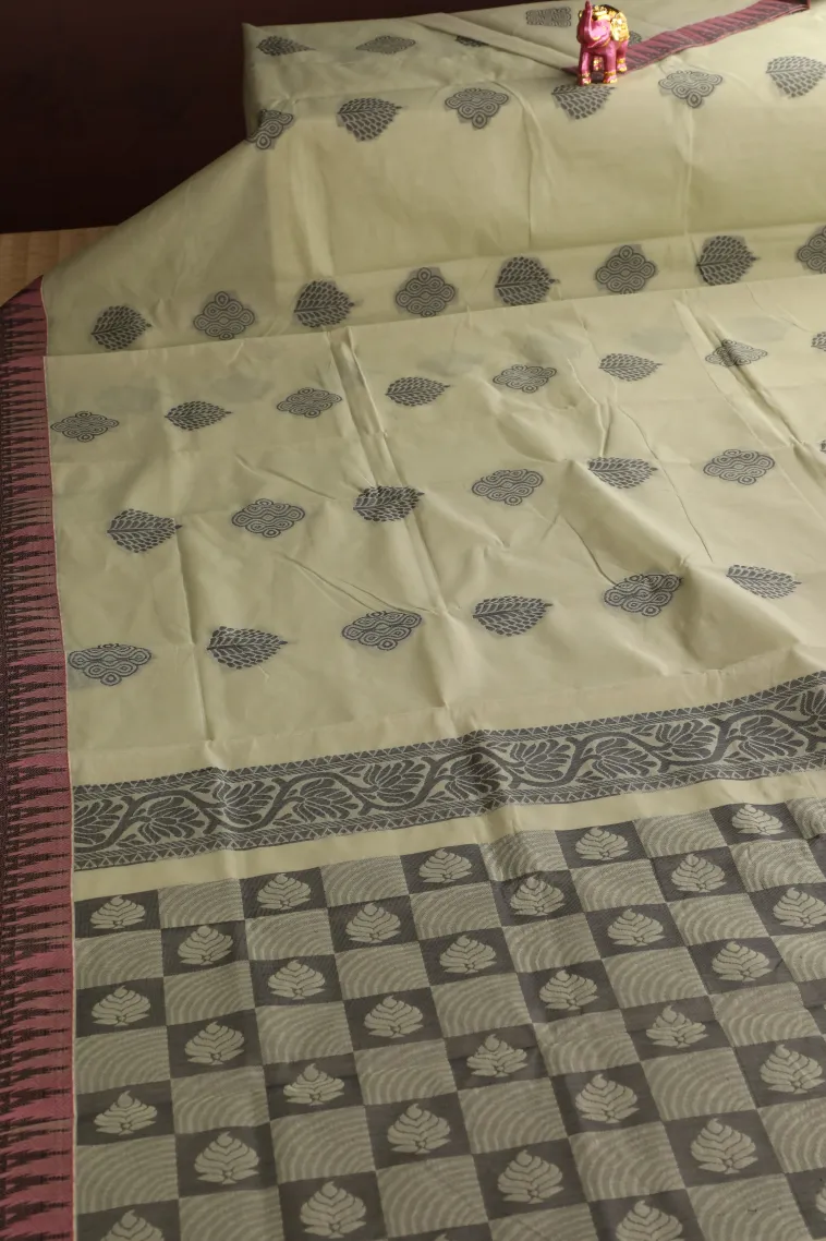 Pistachio Green Silk Cotton Without Zari With Tree Mottif view 2