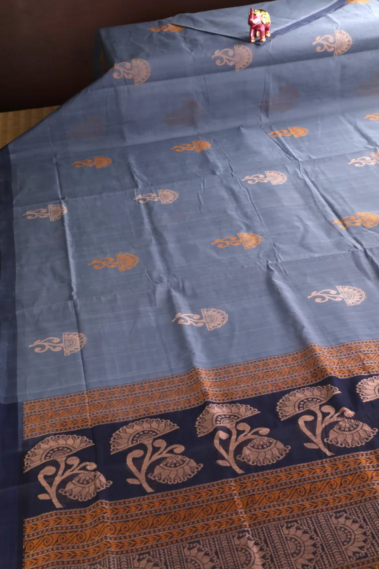 Stone Blue Pure Handloom Kovai Cotton Without Zari With Flower Mottif view 2