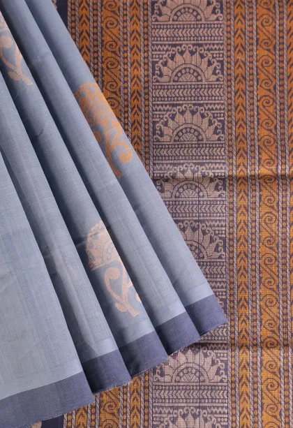 Stone Blue Pure Handloom Kovai Cotton Without Zari With Flower Mottif