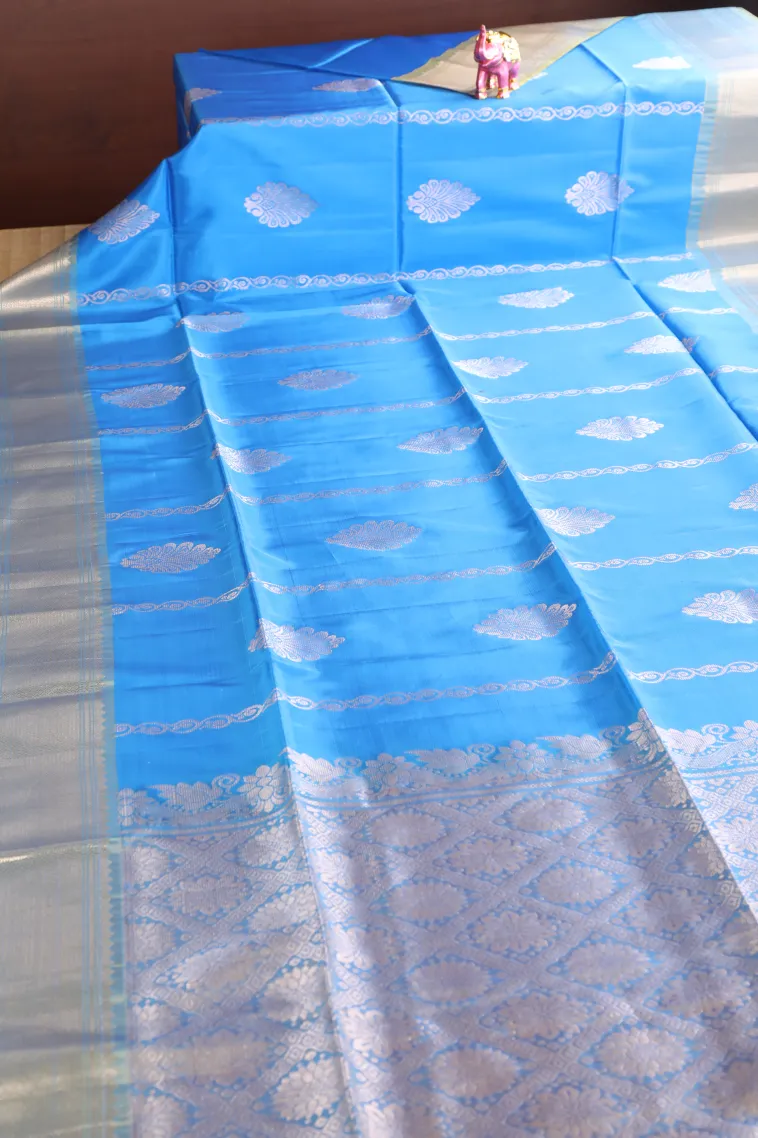 Sky Blue Soft Silk Saree with Gold Zari Stripes And Puttas view 2