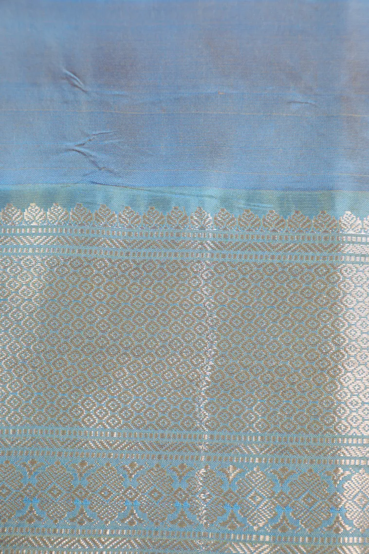 Sky Blue Soft Silk Saree with Gold Zari Stripes And Puttas view 3