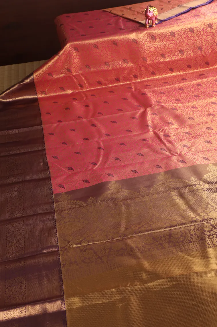 Rouge Pink Apoorva Silk Sarees with Gold Zari Floral Patterns view 2