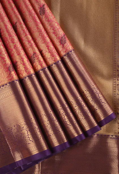 Rouge Pink Apoorva Silk Sarees with Gold Zari Floral Patterns