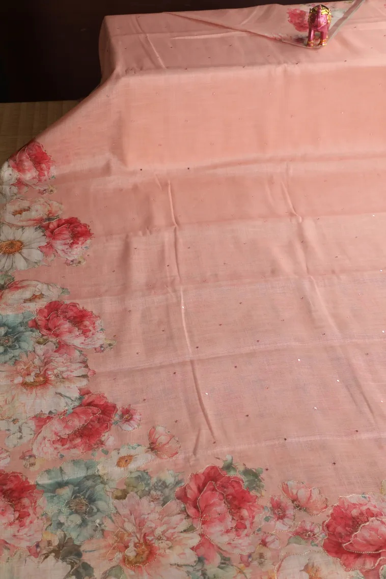 Peach Pink Tissue Silk Sarees with Thread Zari Plain view 2