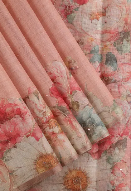 Peach Pink Tissue Silk Sarees with Thread Zari Plain
