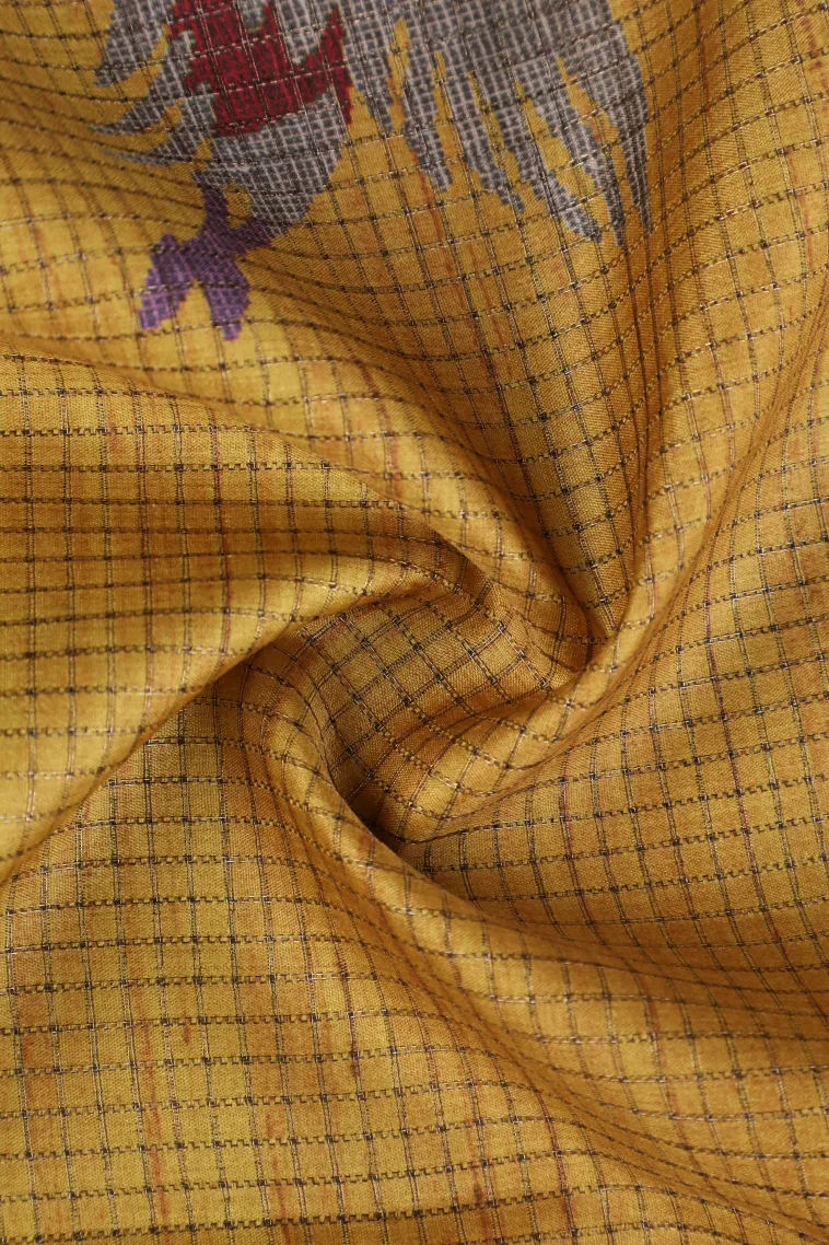 Lemon Yellow Tussar Saree with Gold Zari Small Checks Pattern view 4