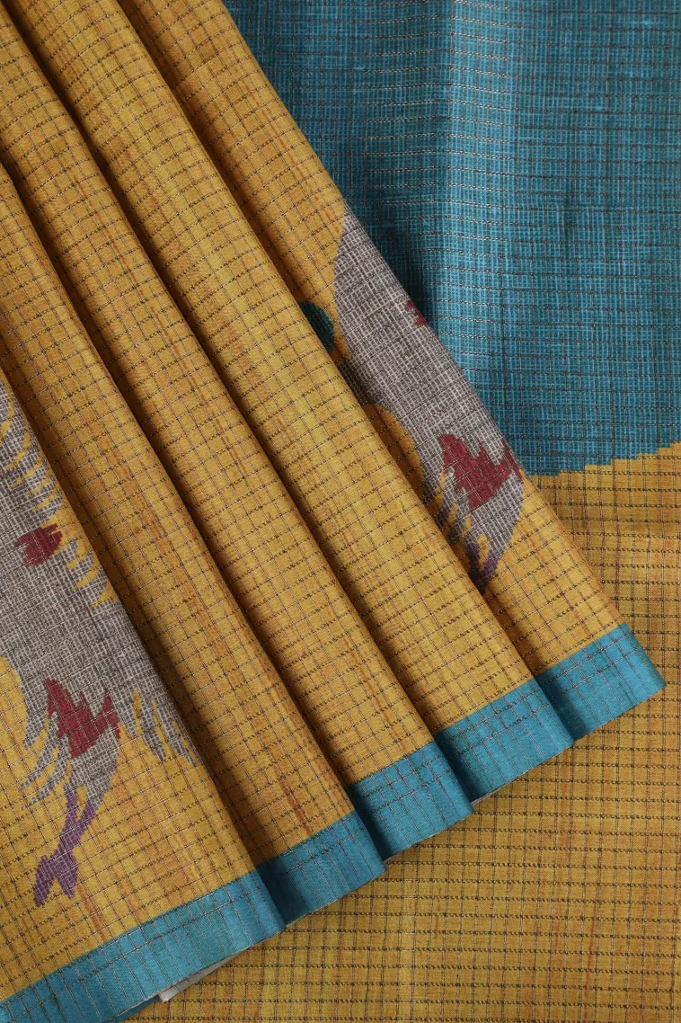 Lemon Yellow Tussar Saree with Gold Zari Small Checks Pattern view 1