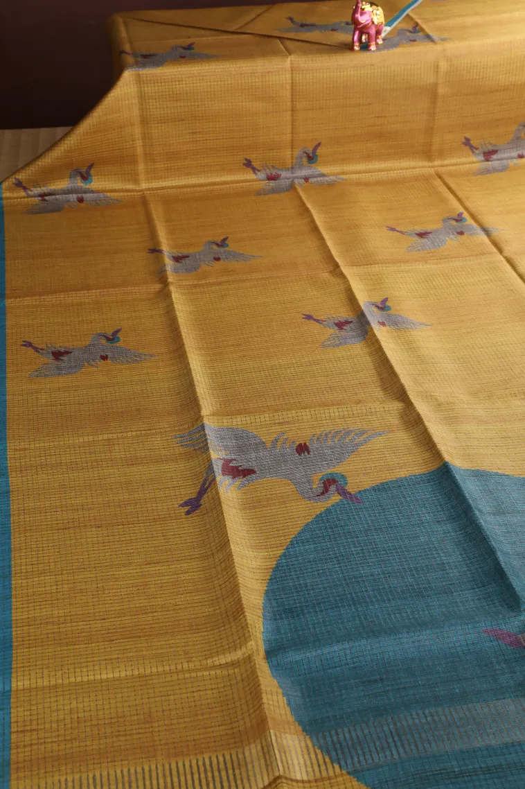 Lemon Yellow Tussar Saree with Gold Zari Small Checks Pattern view 2