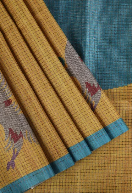 Lemon Yellow Tussar Saree with Gold Zari Small Checks Pattern