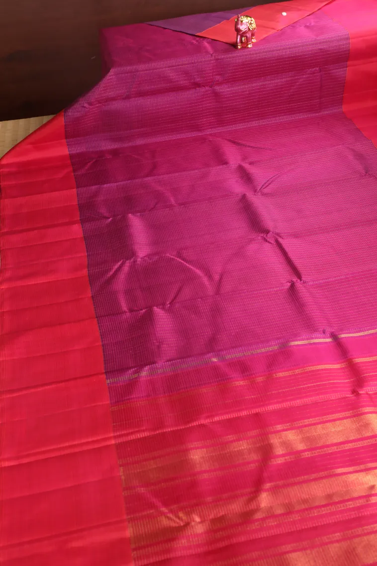 Magenta Purple Kanchipuram Silk Sarees with Gold Zari Checks view 2
