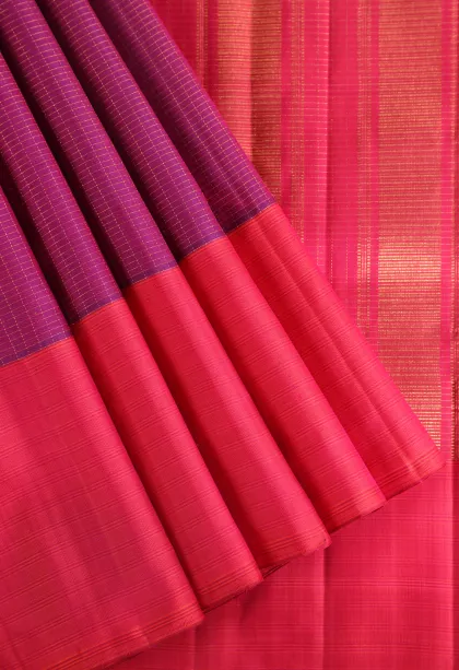 Magenta Purple Kanchipuram Silk Sarees with Gold Zari Checks