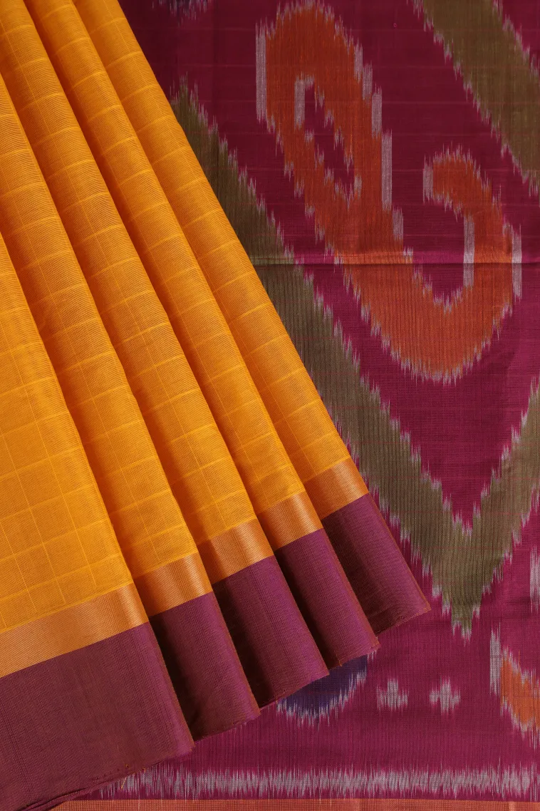 Lemon Yellow Pure Handloom Kovai Cotton with Gold Zari Checks