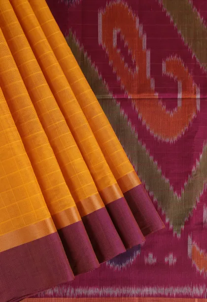 Lemon Yellow Pure Handloom Kovai Cotton with Gold Zari Checks