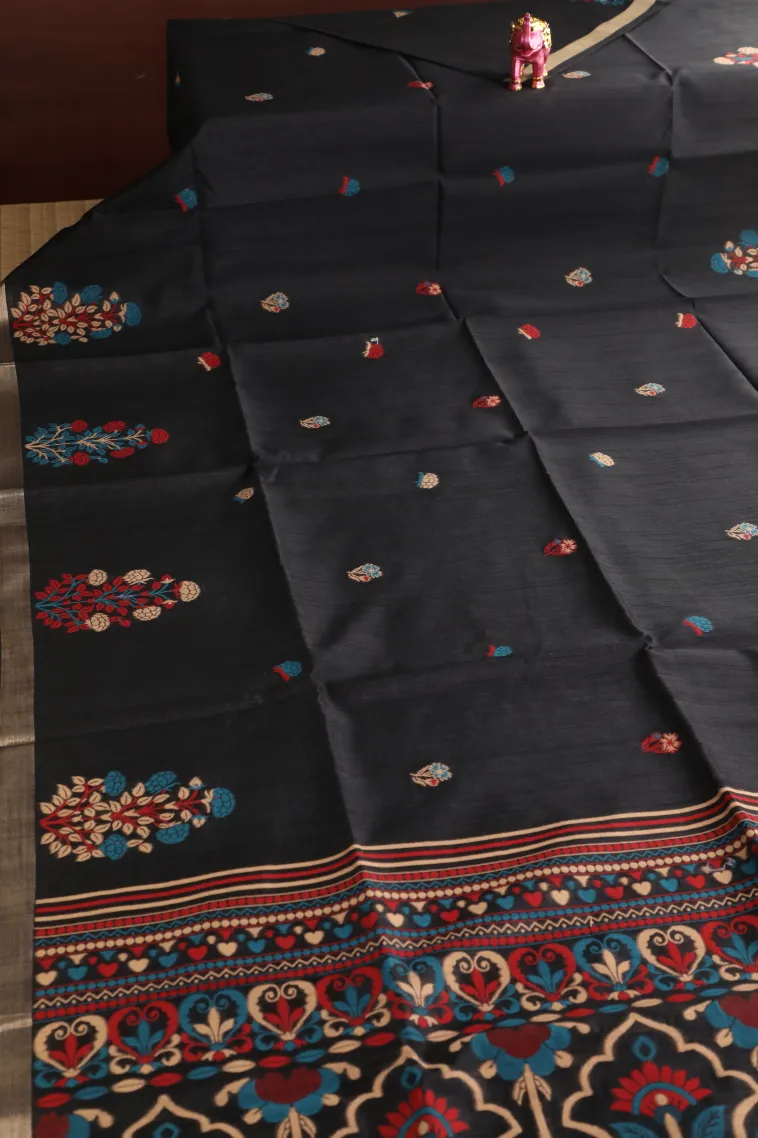 Asphalt Black Semi Tussar Silk with Gold And Silver Zari Flower Mottif view 2