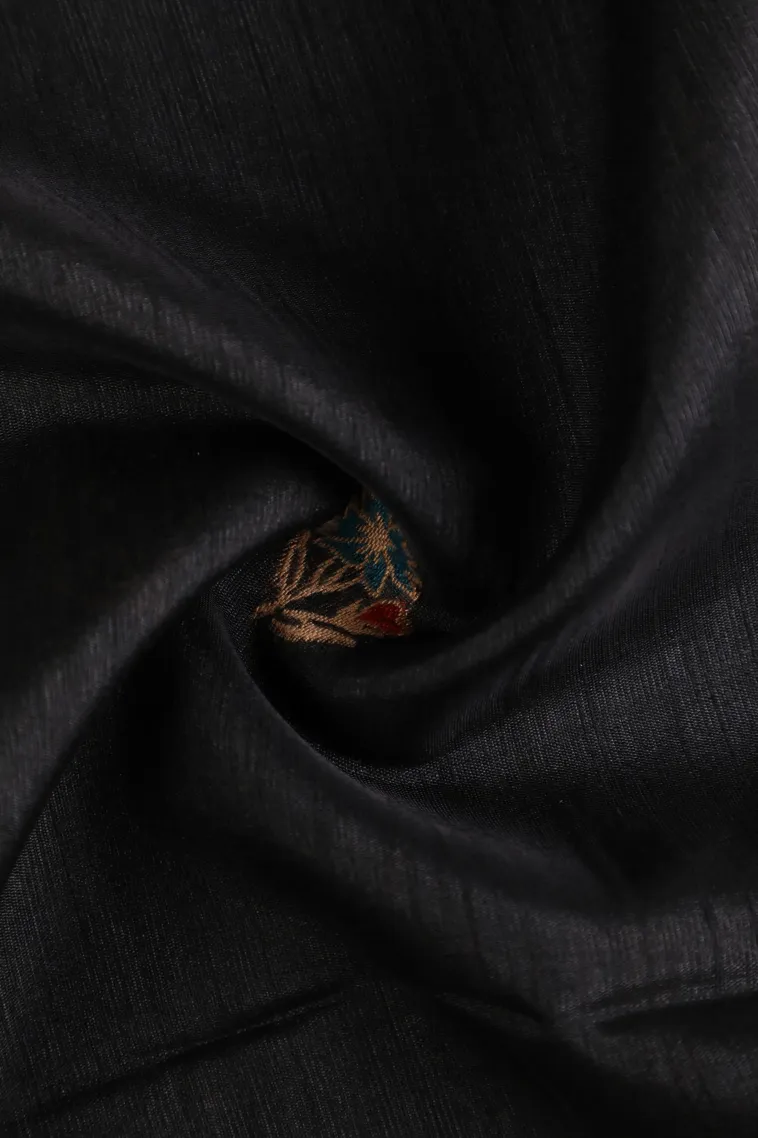 Asphalt Black Semi Tussar Silk with Gold And Silver Zari Flower Mottif view 4