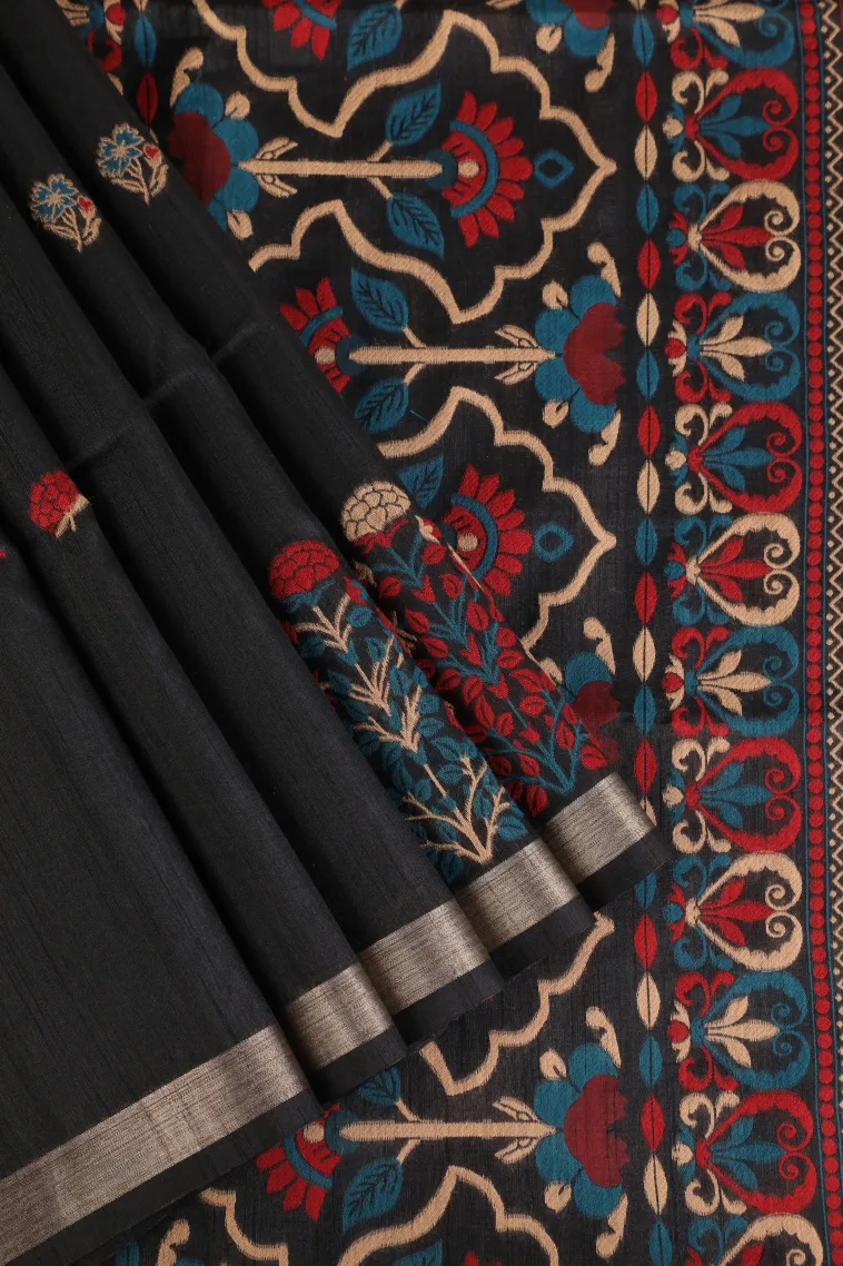 Asphalt Black Semi Tussar Silk with Gold And Silver Zari Flower Mottif