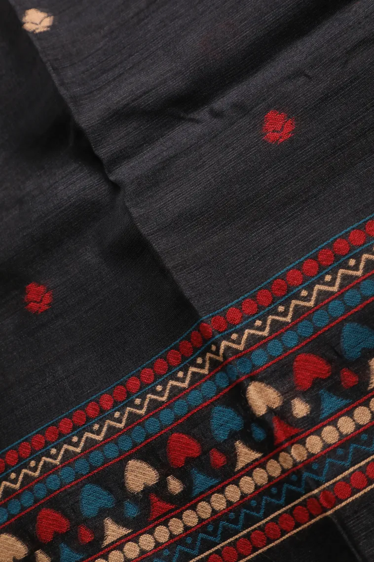 Asphalt Black Semi Tussar Silk with Gold And Silver Zari Flower Mottif view 3