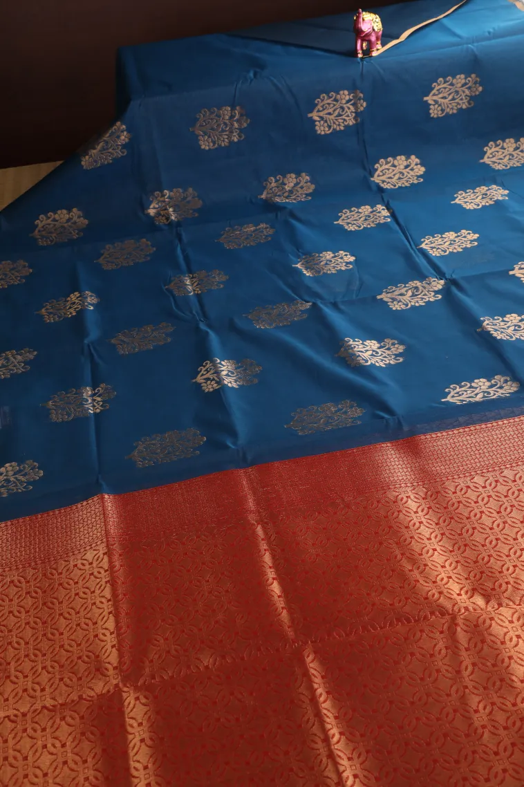 Cerulean Blue Silk Cotton with Gold Zari Flower Mottif view 2