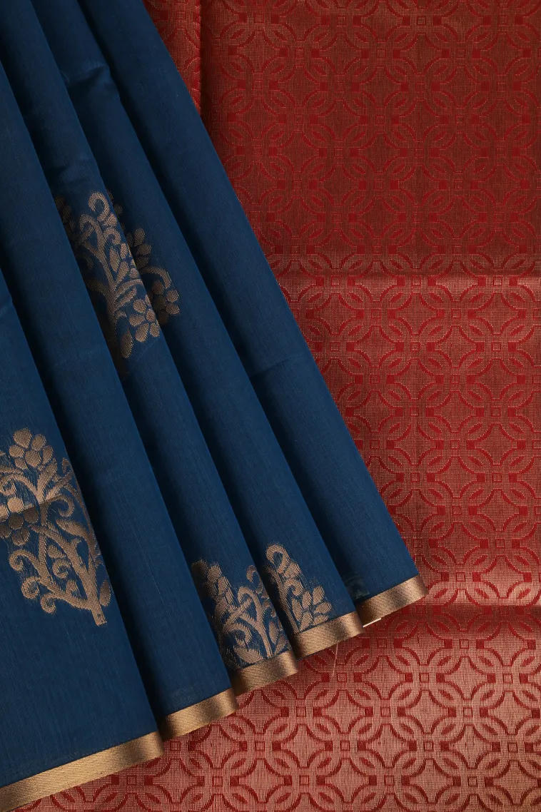 Cerulean Blue Silk Cotton with Gold Zari Flower Mottif