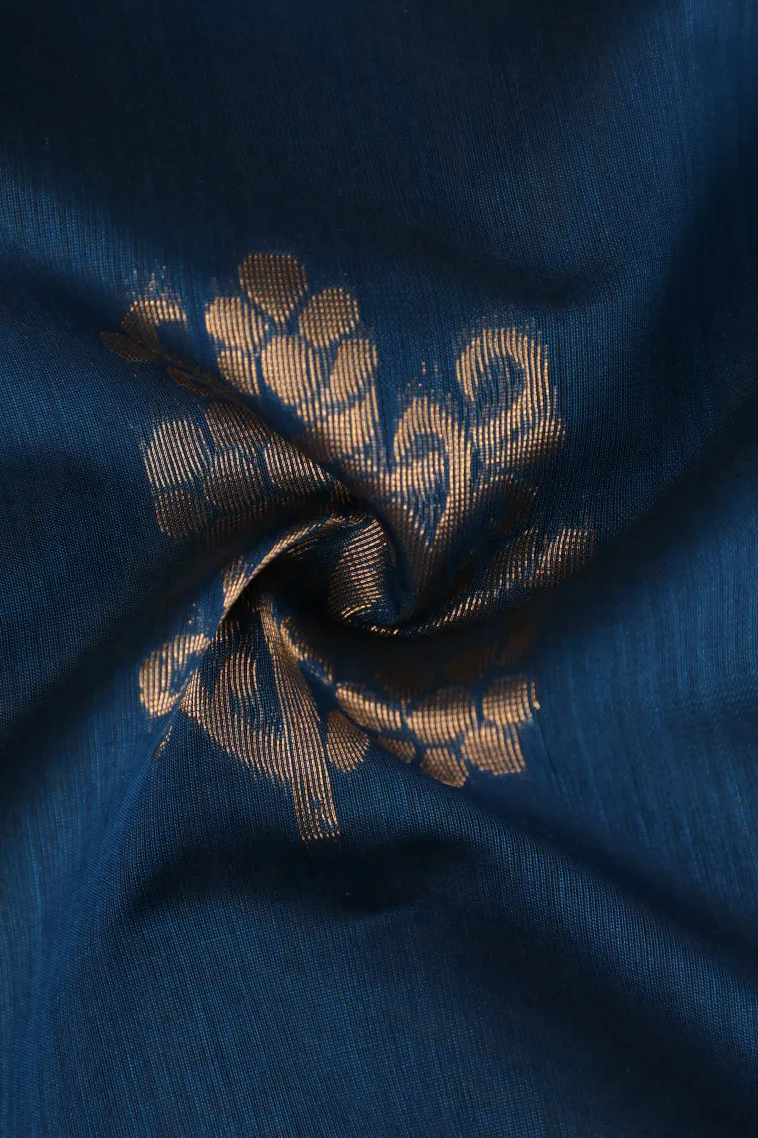 Cerulean Blue Silk Cotton with Gold Zari Flower Mottif view 4