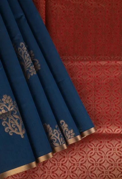 Cerulean Blue Silk Cotton with Gold Zari Flower Mottif