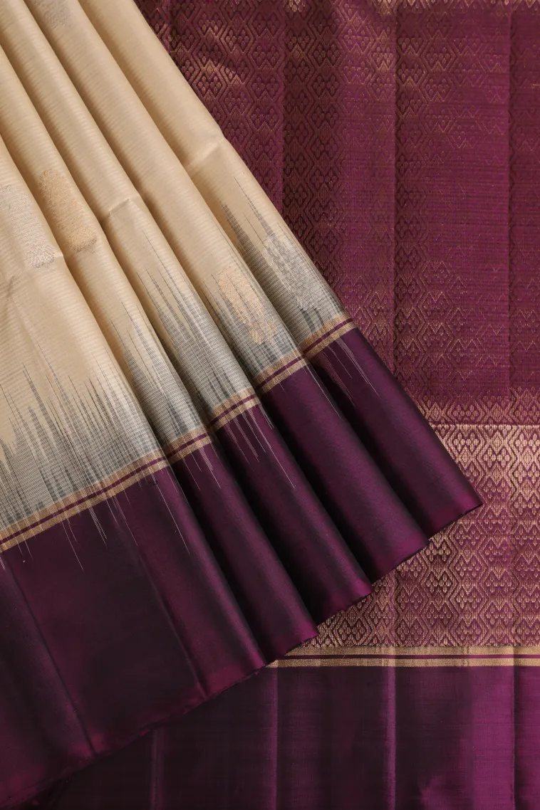 Ivory White Soft Silk Saree with Gold And Silver Zari Flower Mottif view 1