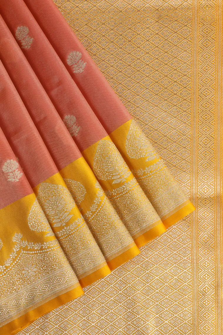 Peach Pink Tissue Banaras with Gold Zari Buttis (small Dots Or Motifs)