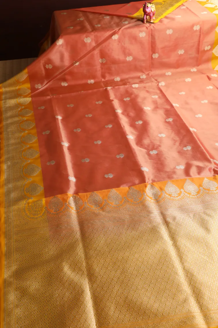 Peach Pink Tissue Banaras with Gold Zari Buttis (small Dots Or Motifs) view 2