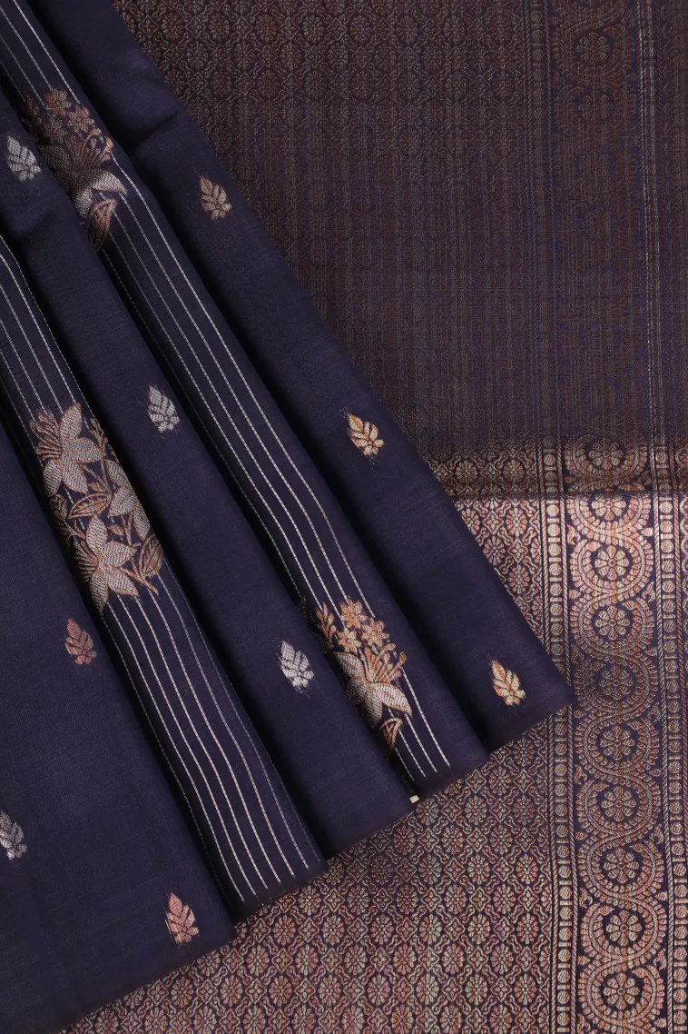 Indigo Blue Tussar Saree with Copper And Silver Zari Stripes And Puttas