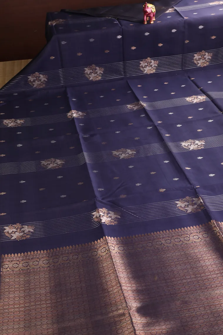 Indigo Blue Tussar Saree with Copper And Silver Zari Stripes And Puttas view 2