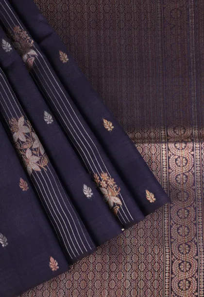 Indigo Blue Tussar Saree with Copper And Silver Zari Stripes And Puttas