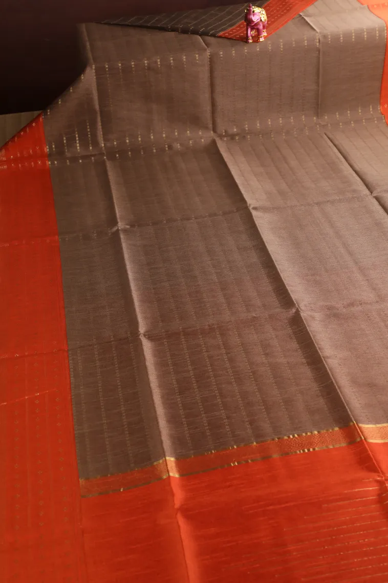 Coffee Brown Tussar Saree with Gold Zari Cross Straipes view 2