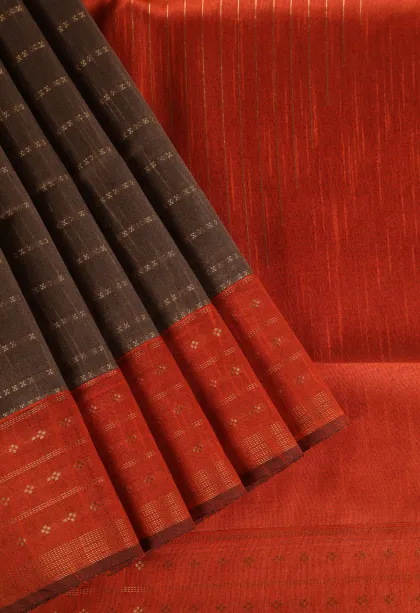 Coffee Brown Tussar Saree with Gold Zari Cross Straipes