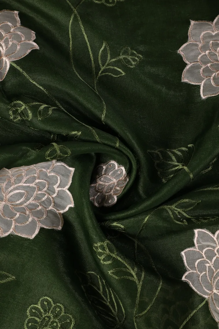 Seaweed Green Tissue Silk Sarees with Gold Zari Floral Patterns view 4