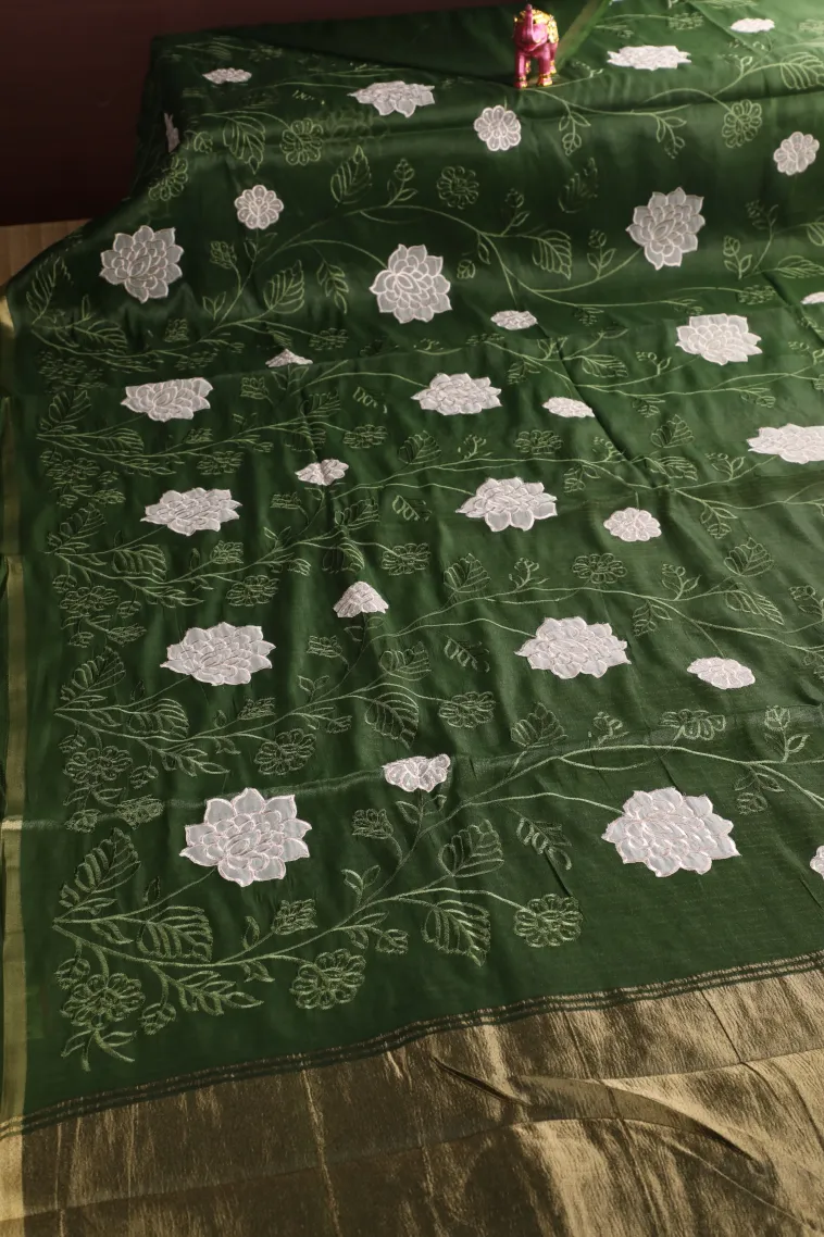 Seaweed Green Tissue Silk Sarees with Gold Zari Floral Patterns view 2